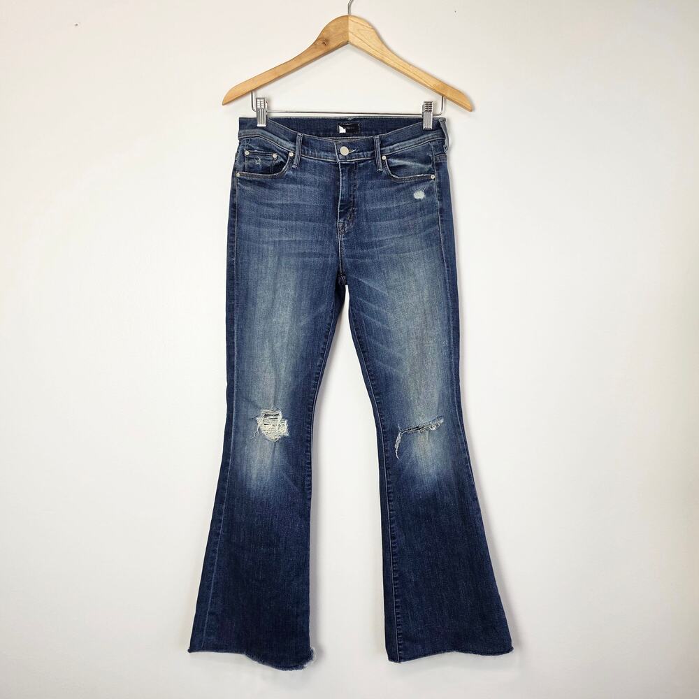 Mother The Weekender Fray Flared Jeans High Rise Distressed Mid Wash 28x30